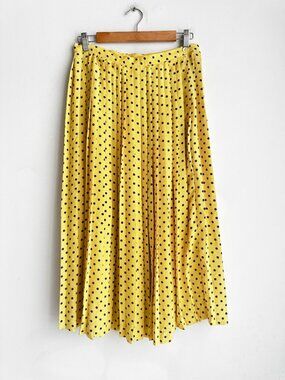 Vintage Real Yellow Polka Dot Pleated Midi Skirt S